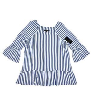Fred David Plus Sz 1X Blue White Striped Flounce Sleeve Peplum Blouse Top Ruffle